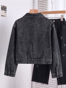 Young Girls' Clothes New 2026 Y2K Black Denim Jacketloose, Cropped Fit With A Wide Collar, Long Sleeves, Rhinestone Embellishments. Spring Autumn,Fall - Black - View 2