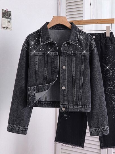 Young Girls' Clothes New 2026 Y2K Black Denim Jacketloose, Cropped Fit With A Wide Collar, Long Sleeves, Rhinestone Embellishments. Spring Autumn,Fall