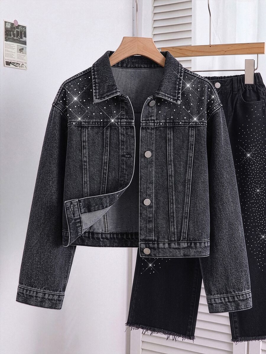Young Girls' Clothes New 2026 Y2K Black Denim Jacketloose, Cropped Fit With A Wide Collar, Long Sleeves, Rhinestone Embellishments. Spring Autumn,Fall - Black - View 1