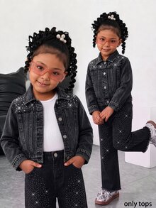 Young Girls' Clothes New 2026 Y2K Black Denim Jacketloose, Cropped Fit With A Wide Collar, Long Sleeves, Rhinestone Embellishments. Spring Autumn,Fall - Black - View 8