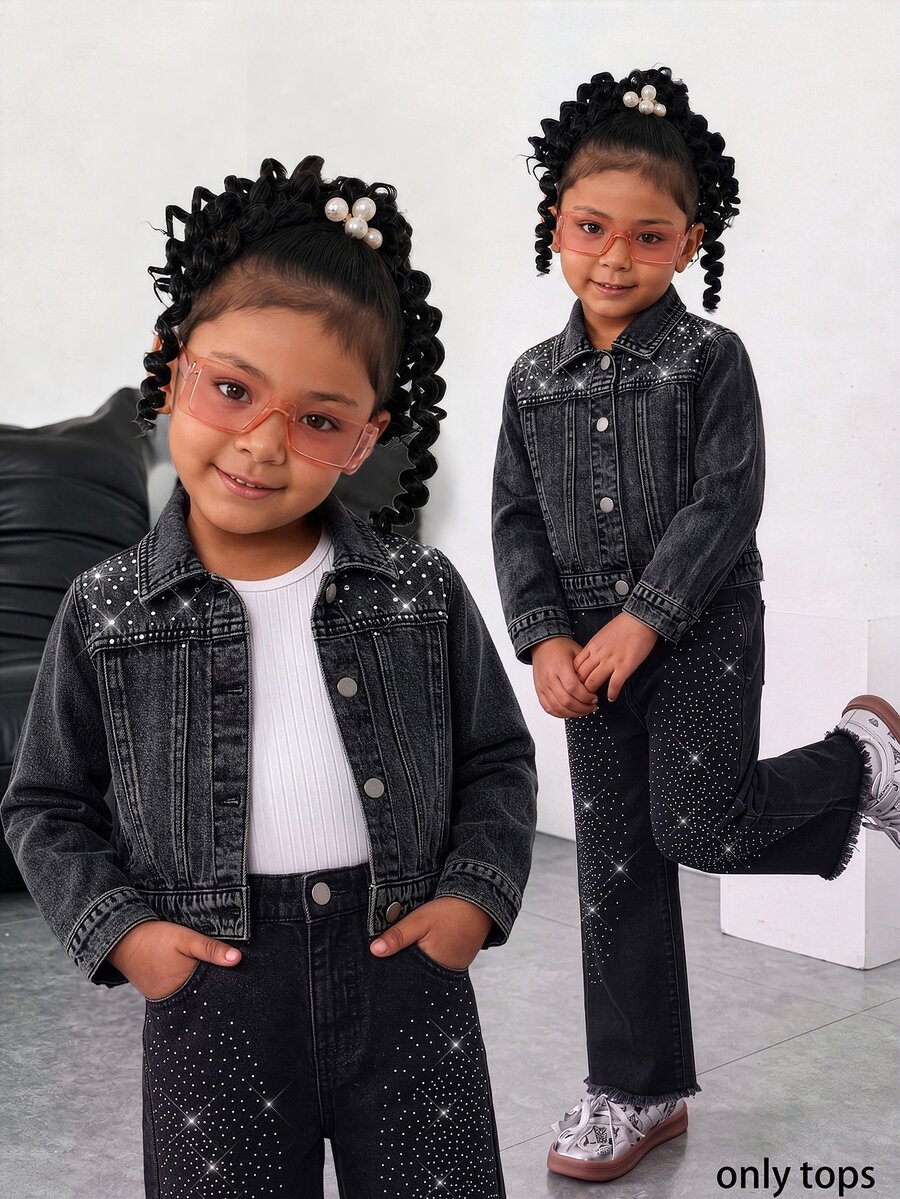 Young Girls' Clothes New 2026 Y2K Black Denim Jacketloose, Cropped Fit With A Wide Collar, Long Sleeves, Rhinestone Embellishments. Spring Autumn,Fall - Black - View 1