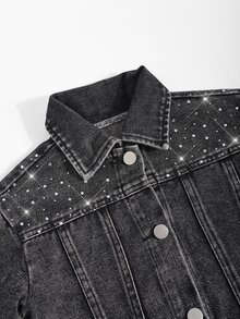 Young Girls' Clothes New 2026 Y2K Black Denim Jacketloose, Cropped Fit With A Wide Collar, Long Sleeves, Rhinestone Embellishments. Spring Autumn,Fall - Black - View 7
