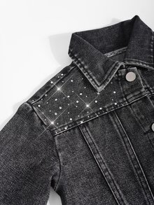 Young Girls' Clothes New 2026 Y2K Black Denim Jacketloose, Cropped Fit With A Wide Collar, Long Sleeves, Rhinestone Embellishments. Spring Autumn,Fall - Black - View 3