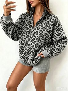 INAWLY Sweatshirt Kasual Longgar dengan Kerah Tegak dan Resleting Setengah untuk Wanita - MultiWarna - View 4