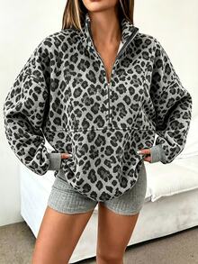 INAWLY Sweatshirt Kasual Longgar dengan Kerah Tegak dan Resleting Setengah untuk Wanita - MultiWarna - View 5