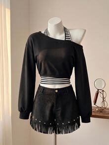 SHEIN MOD 女款灰色不對稱領口 2 合 1 衛衣 秋冬款 - 黑與白 - 查看 2