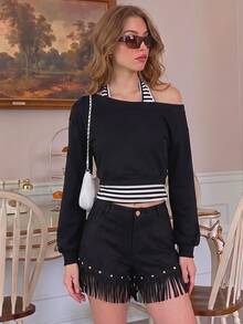 SHEIN MOD 女款灰色不對稱領口 2 合 1 衛衣 秋冬款 - 黑與白 - 查看 8