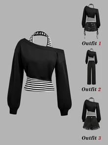 SHEIN MOD 女款灰色不對稱領口 2 合 1 衛衣 秋冬款 - 黑與白 - 查看 1