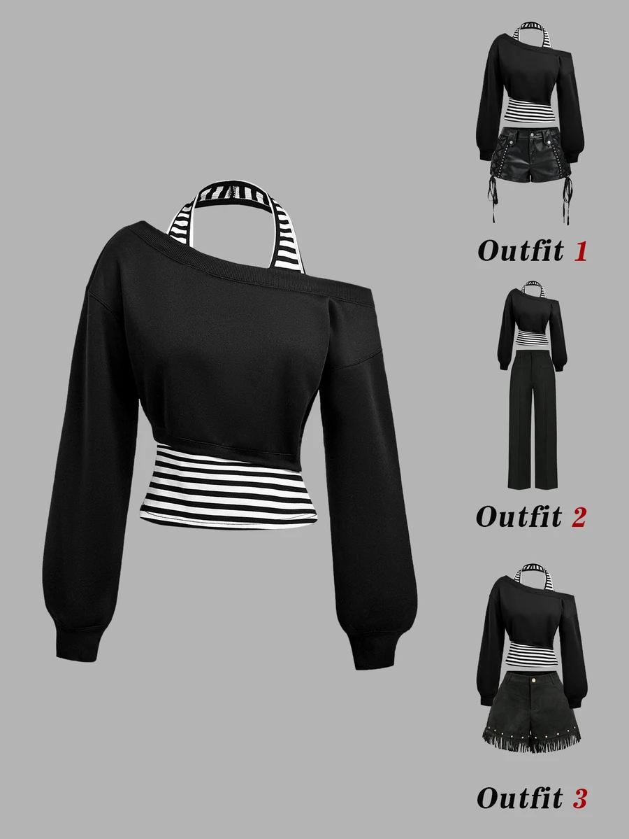 SHEIN MOD 女款灰色不對稱領口 2 合 1 衛衣 秋冬款 - 黑與白 - 查看 1