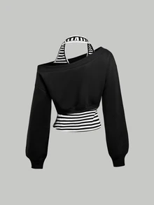 SHEIN MOD 女款灰色不對稱領口 2 合 1 衛衣 秋冬款 - 黑與白 - 查看 3