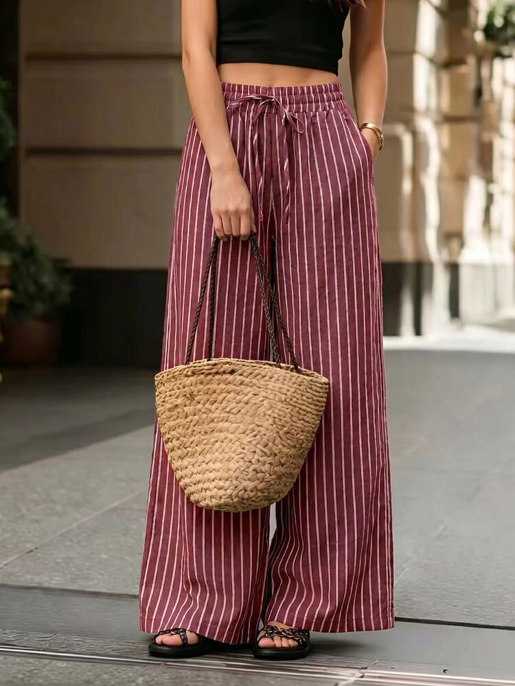 Editum Women's Casual Burgundy Pants, Daily Street Wear, Commuting, Dating, Gathering, Summer, Autumn, Elegant, Y2K, Graduation Beach Brunch - Burgundy - View 3