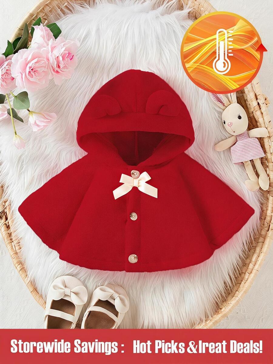 SHEIN 女嬰毛絨連帽披肩，可愛舒適，2024秋冬新品，紅色優雅端莊牛仔女郎皮革派對正式生日款
