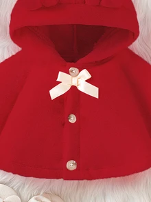SHEIN 女嬰毛絨連帽披肩，可愛舒適，2024秋冬新品，紅色優雅端莊牛仔女郎皮革派對正式生日款 - 紅色 - 查看 6