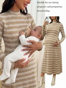 SHEIN فستان حمل بسحاب للرضاعة مخطط بأكمام طويلة - متعدد الألوان - مشاهدة 1