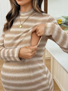 SHEIN فستان حمل بسحاب للرضاعة مخطط بأكمام طويلة - متعدد الألوان - مشاهدة 6