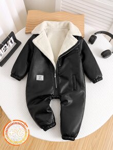SHEIN Baby Girl Autumn/Winter Cute Thermal Lined Black PU Leather Jumpsuit - Black - View 6