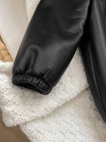 SHEIN Baby Girl Autumn/Winter Cute Thermal Lined Black PU Leather Jumpsuit - Black - View 7