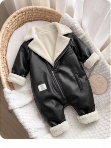SHEIN Baby Girl Autumn/Winter Cute Thermal Lined Black PU Leather Jumpsuit - Black - View 5