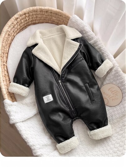 SHEIN Baby Girl Autumn/Winter Cute Thermal Lined Black PU Leather Jumpsuit