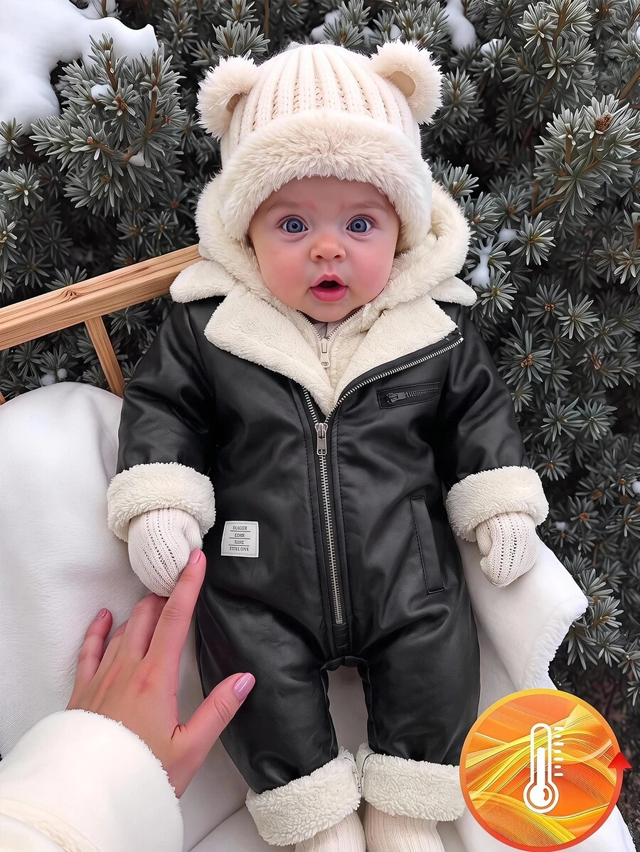 SHEIN Baby Girl Autumn/Winter Cute Thermal Lined Black PU Leather Jumpsuit - Black - View 1