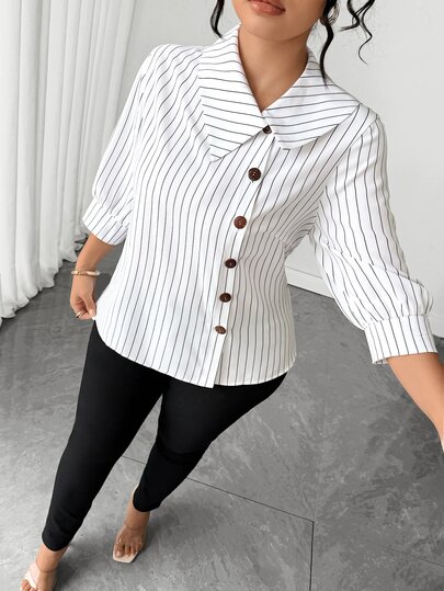 Elenzga Plus Size Women's Autumn Casual Minimalist Black & White Striped Long Sleeve Collared Button Decor Shirt, Elegant Shirt, Autumn/Winter Shirt, Office Commute Shirt, Minimalist Casual Shirt