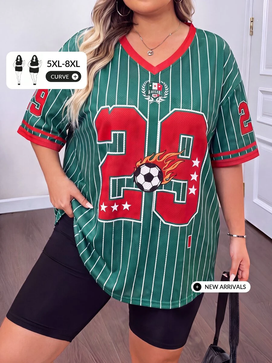 SHEIN CURVE+ Plus Size Women's V-Neck Striped Digital Print Casual Daily Short Sleeve T-Shirt - Black and White - View 1