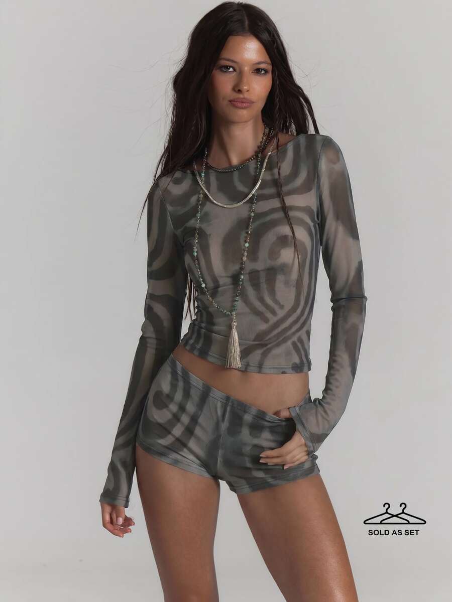 MUSERA Mesh Printed Long Sleeve Slash Neck Top Low Rise Micro Short Co-Ord Sexy Summer Spring Rave Festival Holiday Party Going Out Serpent Fall Autumn - Dark Grey - View 1