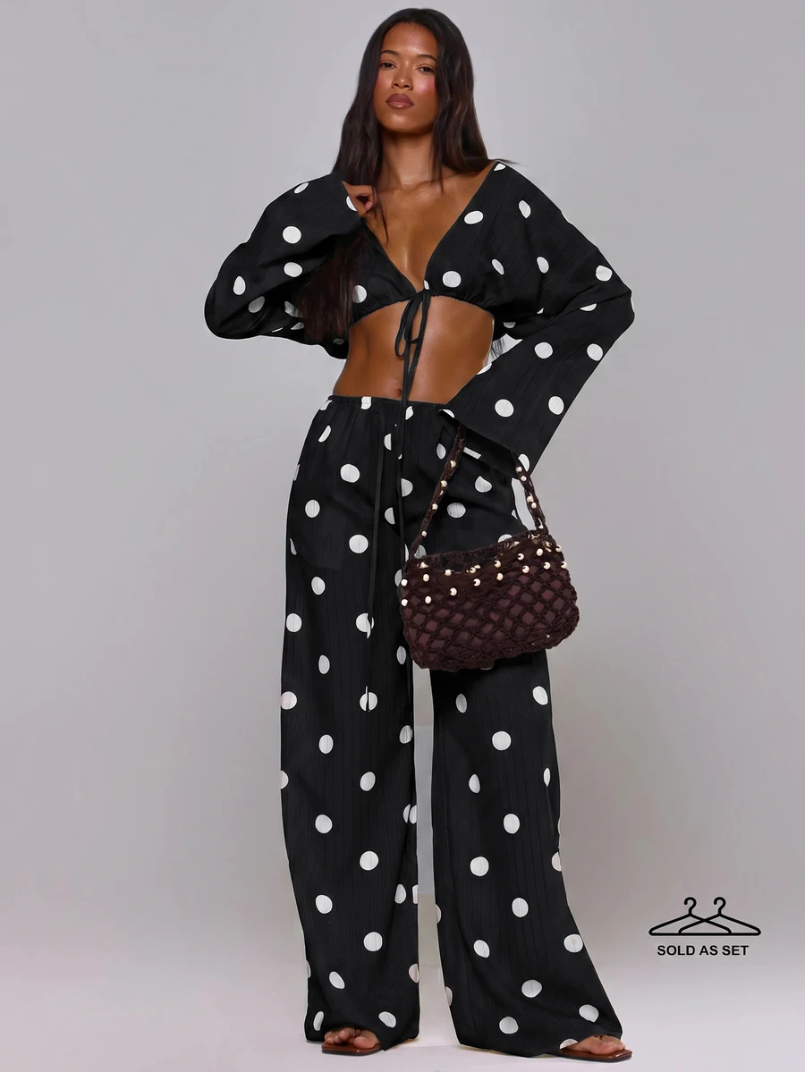 MUSERA Polka Dot Pants Wide Leg Stripe Linen Look Trouser Holiday Linen Pant Spring Summer Beach Vacation Elegant Casual Date Night Autumn Fall Winter - Black - View 1