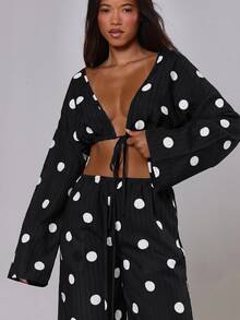 MUSERA Polka Dot Pants Wide Leg Stripe Linen Look Trouser Holiday Linen Pant Spring Summer Beach Vacation Elegant Casual Date Night Autumn Fall Winter - Black - View 3