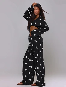 MUSERA Polka Dot Pants Wide Leg Stripe Linen Look Trouser Holiday Linen Pant Spring Summer Beach Vacation Elegant Casual Date Night Autumn Fall Winter - Black - View 4