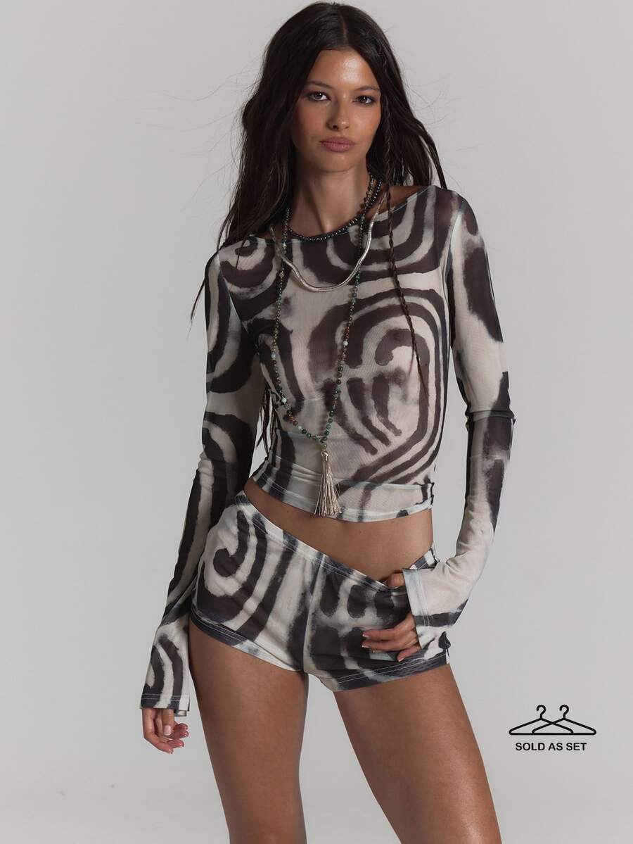 MUSERA Mesh Printed Long Sleeve Slash Neck Top Low Rise Micro Short Co-Ord Set Sold As Set Sexy Summer Spring Rave Festival Holiday Party Going Out Serpent - Black and White - View 1
