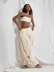 MUSERA Bandeau Shirred Top Mid Rise Pleated Panel Balloon Tapered Trouser Sold As Set Cute Holiday Night Out Vacation Spring Summer Elegant Soleil Drape - Khaki - View 6