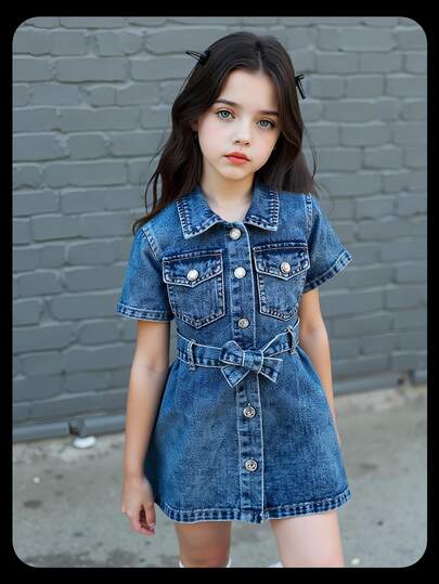 Elladie kids 新款年轻女孩休闲简约时尚短袖 A 字型牛仔连衣裙，配腰带，舒适柔软水洗牛仔布，2025 年夏季必备新品，适合日常穿着、度假