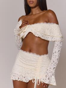 MUSERA White Lace Off-Shoulder Crop Top & Ruched Mini Skirt Co-Ord Set - Khaki - View 6