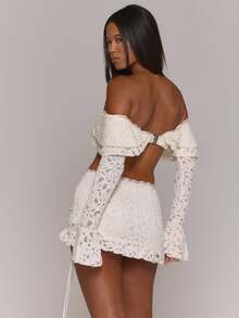 MUSERA White Lace Off-Shoulder Crop Top & Ruched Mini Skirt Co-Ord Set - Khaki - View 5