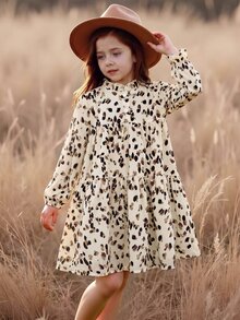 SHEIN Elladie kids 女童豹紋荷葉領長袖分層鬆身A字中長裙 動物圖案荷葉領可愛秋冬服飾 - 彩色 - 查看 4