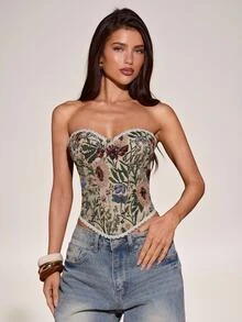 SHEIN BAE 春夏米色純色花卉水溶性蕾絲印花女款無肩帶束身衣，性感外出度假風 - 卡其色 - 查看 3