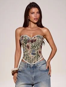 SHEIN BAE 春夏米色純色花卉水溶性蕾絲印花女款無肩帶束身衣，性感外出度假風 - 卡其色 - 查看 1
