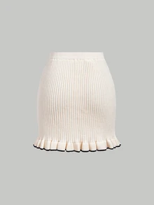 SHEIN MOD Black Contrast Trim Beige Flared Sleeve Cardigan & Knitted Skirt Set - Apricot - View 8