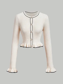 SHEIN MOD Black Contrast Trim Beige Flared Sleeve Cardigan & Knitted Skirt Set - Apricot - View 9