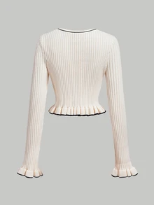 SHEIN MOD Black Contrast Trim Beige Flared Sleeve Cardigan & Knitted Skirt Set - Apricot - View 10
