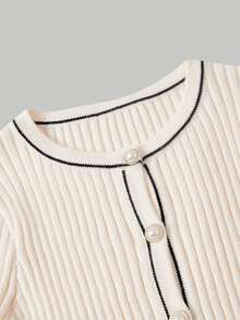 SHEIN MOD Black Contrast Trim Beige Flared Sleeve Cardigan & Knitted Skirt Set - Apricot - View 11