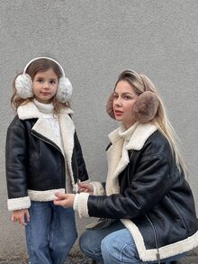 Emery Rose Kids Emery Rose Kids 女童拼色時尚拉鍊翻領PU材質秋冬夾克 - 黑色 - 查看 3