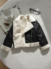 Emery Rose Kids Emery Rose Kids 女童拼色時尚拉鍊翻領PU材質秋冬夾克 - 黑色 - 查看 5