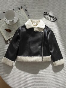 Emery Rose Kids Emery Rose Kids 女童拼色時尚拉鍊翻領PU材質秋冬夾克 - 黑色 - 查看 10