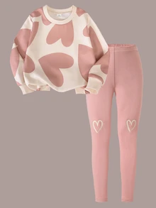Conjunto de 2 piezas para niñas jóvenes: Sudadera holgada de cuello redondo con manga larga y estampado de corazones rosas + Pantalones anchos a juego en color rosa, atuendo casual lindo y elegante para uso diario, otoño/invierno - Rosa Pálido - Ver 5