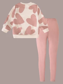 Conjunto de 2 piezas para niñas jóvenes: Sudadera holgada de cuello redondo con manga larga y estampado de corazones rosas + Pantalones anchos a juego en color rosa, atuendo casual lindo y elegante para uso diario, otoño/invierno - Rosa Pálido - Ver 2