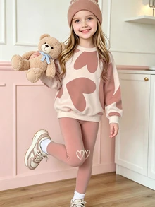 Conjunto de 2 piezas para niñas jóvenes: Sudadera holgada de cuello redondo con manga larga y estampado de corazones rosas + Pantalones anchos a juego en color rosa, atuendo casual lindo y elegante para uso diario, otoño/invierno - Rosa Pálido - Ver 4