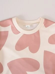 Conjunto de 2 piezas para niñas jóvenes: Sudadera holgada de cuello redondo con manga larga y estampado de corazones rosas + Pantalones anchos a juego en color rosa, atuendo casual lindo y elegante para uso diario, otoño/invierno - Rosa Pálido - Ver 7