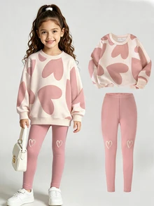 Conjunto de 2 piezas para niñas jóvenes: Sudadera holgada de cuello redondo con manga larga y estampado de corazones rosas + Pantalones anchos a juego en color rosa, atuendo casual lindo y elegante para uso diario, otoño/invierno - Rosa Pálido - Ver 9
